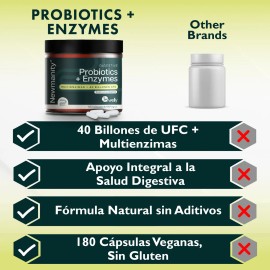 Probiticos y Prebiticos con Enzimas Digestivas 40 Billones - 180 Cpsulas Veganas para Hombre y Mujer con 15 Cepas y 3 Probiotics Lactobacilos para... 