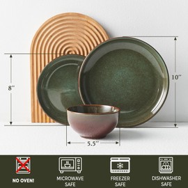Pokini Stoneware Dinnerware Sets for 6, 18 Pieces Ceramic Plates and Bowls Sets, Chip and Scratch Resistant Dish Set, Dishwasher & Microwave Safe Plate Set, Brown Green