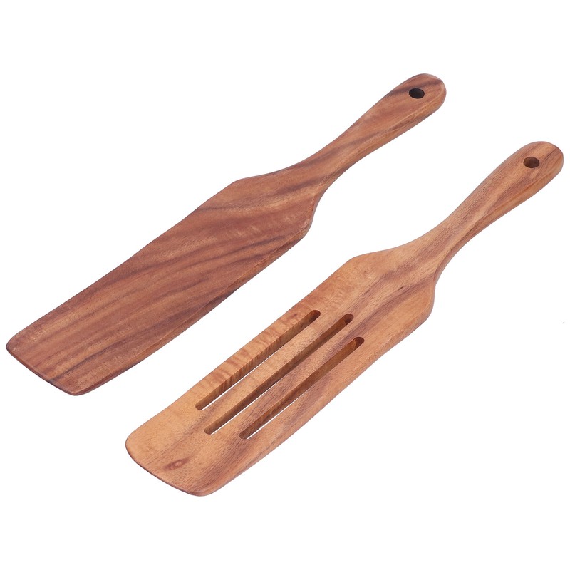 2pcs Slotted Turner Spatula Simple Wooden Spatula with Long Handlefor