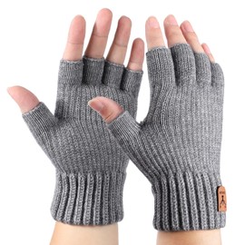 AYPOW Fingerless Gloves for Men and Women, Winter Thermal Knitted Gloves with Fleece Lining, Warm Half Finger Gloves, Driving, Work, Typing, Writing Gloves, Mittens, Unisex Gifts, lightgrey