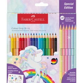 Faber-Castell Colour Grip Colour Pencils, Unicorn Special Edition, 18 Colour Grip + 6 Sparkle Pastel Colour Pencils