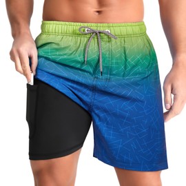 zeetoo Mens Swim Trunks with Compression Liner 5" Inseam Quick Dry Beach Shorts with Zipper Pockets Gradient-Blue L