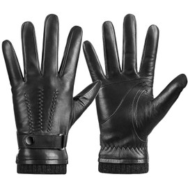 Potopok Winter Sheepskin Leather Gloves for Men, Warm Touchscreen Driving Handwear with Soft Cashmere Lining for Outdoor Use(Black-L)