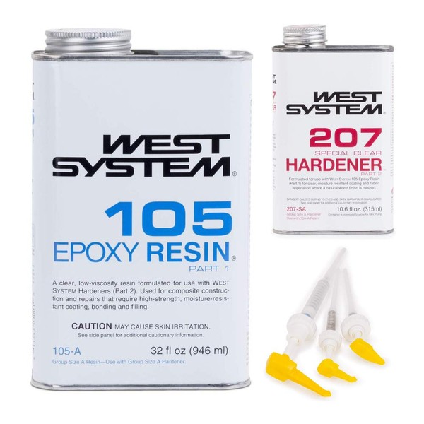WEST SYSTEM 105A Epoxy Resin (32 fl oz) Bundle with 207SA Special Clear Epoxy Hardener (10.6 fl oz) and 300 Mini Pumps Epoxy Metering 3-Pack Pump Set (3 Items)