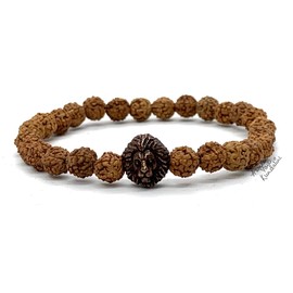 Unleash Inner Strength & Grounding: Handmade 5 Mukhi Rudraksha & Bronze Polished Lion Head Bracelet (8mm) - Root Chakra & Universal Birthstone