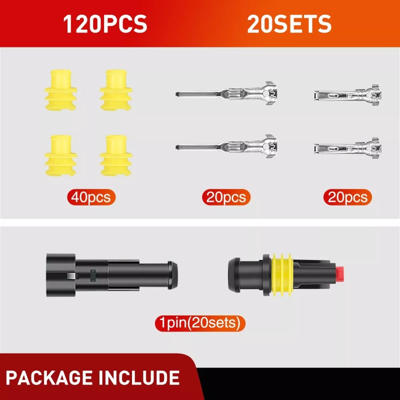 Nilight 120PCS 1 Pin Electrical Connector ?Plug Male Female Terminal