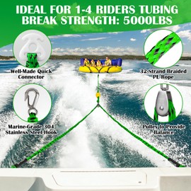 SETYPARY Boat Tow Harness for Tubing, Self Centering Tow Harness for 1-4 Riders Towable Tubes, Floating Boat Tow Rope for Watersports (Green & Black)