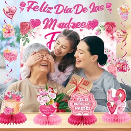 Mother's Day Party Decorations Set, Banner Backdrop, Swirls, Honeycomb Centerpiece, Party Supplies