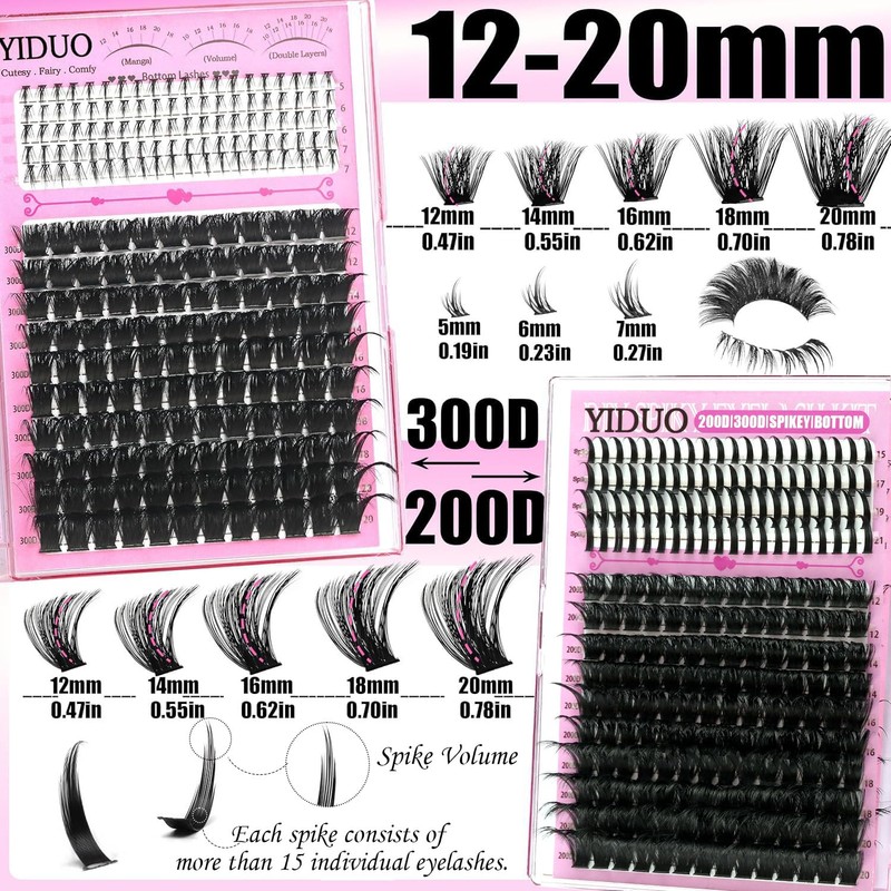 YIDUO Lashes Clusters Kit 200D+300D+Spikes+Bottom Cluster Lash Extensions Kit with