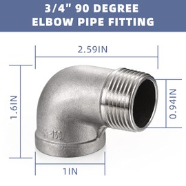 2Pcs 304 Stainless Steel 90 Degree Elbow 3/4" NPT Threaded Pipe Fitting Female x Male,Cast Pipe Fittings with 2 Tape