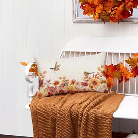 RABUSOFA Fall Pillow Covers 12x20 Inch, Autumn Bird Floral Decor Thanksgiving Harvest Lumbar Farmhouse Cushion Case Decoration for Home Sofa Couch(Orange, 12"x20")