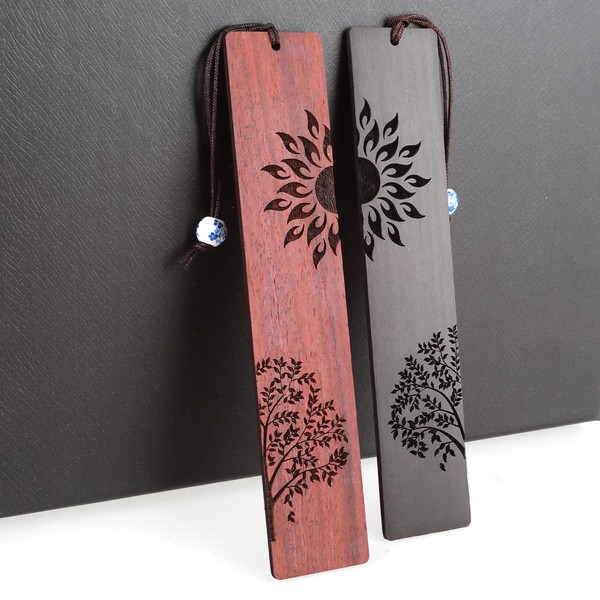2Pcs Wooden Bookmarks, Mabor Chinese Style Book Marks Accessories for Book Lovers Sun & Tree Engraved Book Mark Gifts for Women Men Students
