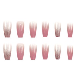 Glitter Sequin Press on Nails Medium Almond Fake Nails Mixed Color Sparkle False Nails with Bling Designs Acrylic Nails Glossy Artificial Nails for Women Girls, Gradient Pink