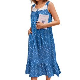 Ekouaer Moo Moos For Women Nightgowns Victorian Long Sleeveless Night Gown with Pockets Lace Trim Button Up Nightdress Sleepwear