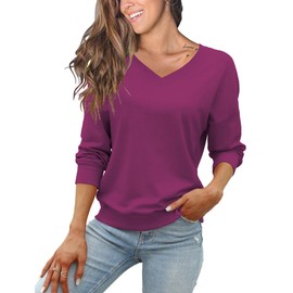 FMEYOA Womens Long Sleeve Sweatshirts Casual V Neck Lightweight Loose Fit Fall Spring Basic Shirts Tops (Dark Purple, X-Large)