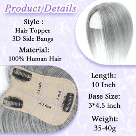 LEDIZE Hair Toppers for Women Real Human Hair, 360° Cover Middle Part Human Hair Toppers for Women with Thinning Realistic Scalp Line Upgrade Basement Toppers Hair Pieces (Gray, Side Bangs)