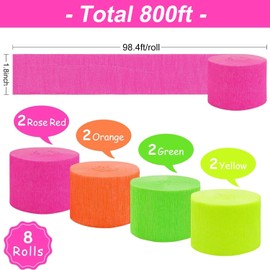 8 Rolls Neon Glow Crepe Paper, Neon Streamers Glow in The Dark Crepe Paper, Streamer Decorations UV Reactive Party Streamers Backdrop for Birthday Holiday Fiesta Party(4 Colors)
