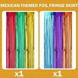2Pack Mexican Fiesta Foil Fringe Curtains Backdrop,Cinco De Mayo Decors,3.3x6.6ft Mexican Themed Tinsel Streamers,Perfect for Spain Taco Photo Booth Props,Dia De Los Muertos Birthday Party Decors