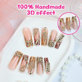 Leopard Brown Press on Nails Long Gold Fake Nails Glossy Bow Cheetah Glue on Nails Heart Coffin Acrylic Nails Spear Zebra False Nails Dollar Money Stick on Nails Rhinestones French Tip Nails for Women