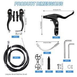 Bicycle Brake Set, Black Universal Bicycle Brake Set, Aluminium, V Brake Front Rear, Bicycle Brakes with Brake Cable, Brake Lever, Brake Pads, Complete Brake Cables and Brake Lever Kit for Bicycles