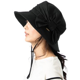 QUEENHEAD Women's Hat, UV Protection, Large Size, Side Ribon Hat, Wide Brim, UV Protection, Removable Chin Strap, Washable, Small Face, Black