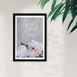 Wynwood Studio Typography Framed Wall Art Prints 'Stop and Smell The Roses' Inspirational Quotes and Sayings Home Décor, 13" x 19", Gray, Pink