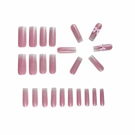 MERVF Long Square Press on Nails Pink Ombre Fake Nails Press ons Squoval Glue on Nails with 3D Bow-tie Design Acrylic Nails Cute False Nails Glossy 24pcs