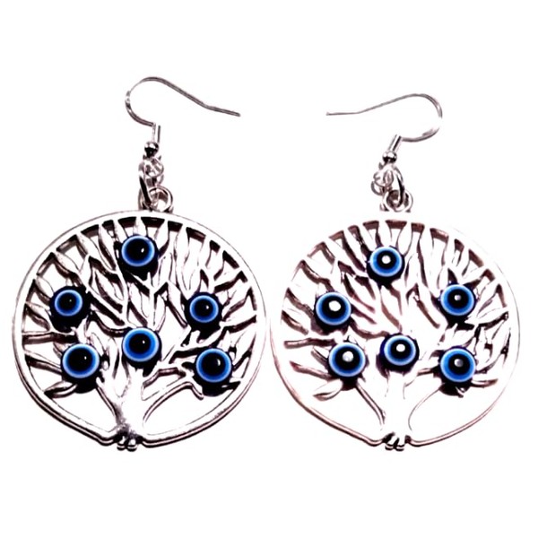 Tree of Life Evil Eye Dangle Earrings, 40mm, Antique Silver,