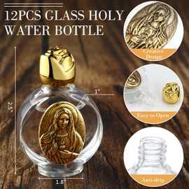 Domensi 12 Pcs Glass Holy Water Bottles 0.5 Floz Embossed Glass Travel Empty Bottles Girls Little Bottle Church Decorations for Home Wedding, Portable Party Favors (Gold,Immaculate Heart of Mary)