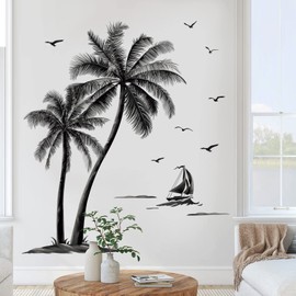 decalmile Large Black Palm Tree Wall Stickers Coconut Tree Birds Tropical Wall Decals Bedroom Living Room Sofa TV Background Wall Decor