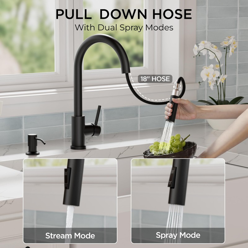 FORIOUS Black Kitchen Faucet with Pull Down Sprayer, Modern Single