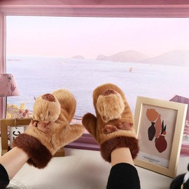 Vctitil 1pcs Winter Warm Capybara Plush Glove and 1pcs Cute Fluffy Rabbit Ear Plush Hat for Women'S Ear Protection