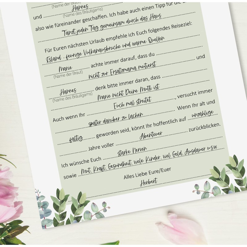Nastami 25 x Sheets for Wedding Game Lückentext Eucalyptus Guest