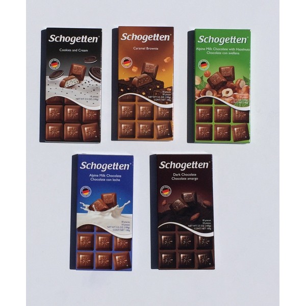 Schogetten German Chocolate Candy Bar Variety Pack -Alpine Milk Chocolate, Cookies and Cream, Caramel Brownie Alpine Milk Chocolate with Hazelnuts And Fine European Dark chocolate (Bundle of 5)