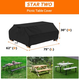 STARTWO Waterproof Picnic Table Cover Outdoor Patio Bench Covers for 6 ft Picnic Table Bench Set Windproof 70 / 72 Inch Black
