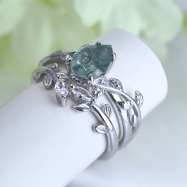 Wasee Natural Moss Agate Ring Set 925 Sterling Silver Green Pear Moss Agate Engagement Ring Wedding Promise Ring Jewelry for Women,Size 9