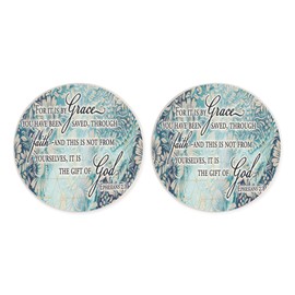 by Grace Though Faith Floral Blue 2.75 x 2.75 Ceramic Car Coasters Pack of 2
