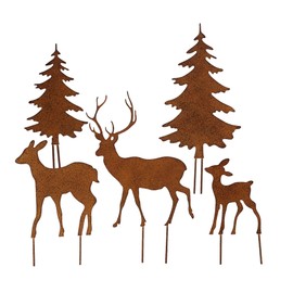 Decorative Garden Stakes, Deer and Deer with 2 Fir Trees in Rust Look, Set of 5, Christmas Decoration for Crafts, Garden Decoration