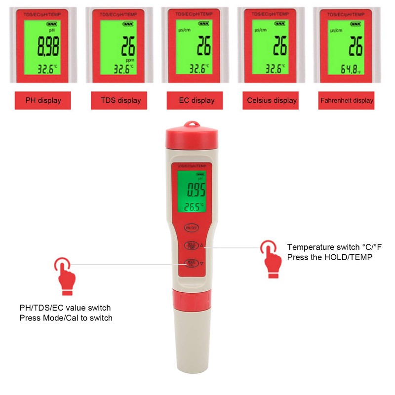 4 in 1 Water Quality Test Pen Portable PH/EC/TDS/Temperature Analyzer