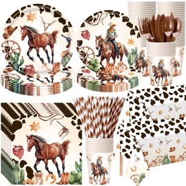 Potchen 452 Pcs Western Birthday Party Decorations for 50, Western Cowboy Paper Plates Cups Napkins Tablecloth Cutlery Straws Cowboy Tableware for Wild West Horse Rodeo Birthday Party Supplies