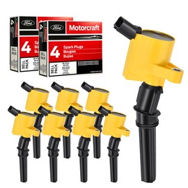 MAS Set of 8 Yellow Ignition Coils Pack Curved Boots DG508 & 8 Motorcraft Platinum Spark Plug SP479 Compatible with Ford F150 F250 Super Duty E350 E450 Expedition Lincoln Navigator DG457 DG472 DG491