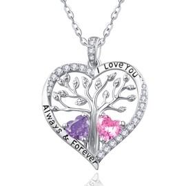 Tree of Life Necklace for Women Sterling Silver Heart Birthstone Necklace Alexandrite Tourmaline Necklace June October Birthstone Jewelry Fine Jewelry Romantic Gifts for Women