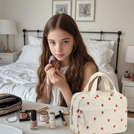 Makeup Bag, Travel Makeup Bag, Jewellery Case Set, Portable Corduroy Cosmetic Bag, Jewellery Box Organiser for Women and Girls, Strawberry pattern on beige background