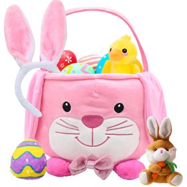 Cesta de conejo de Pascua de felpa, con orejas de conejo largas y llaveros de pato para niños, bolsas de caza de huevos, bolsas de Pascua personalizadas para decoraciones de Pascua, almacenamiento de regalos de dulces