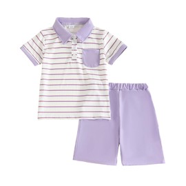 Lianpyxa Toddler Kid Boy Clothes Textured Striped Polo Collar Top Summer Shorts 2PC Summer Outfit Set(4-5T)