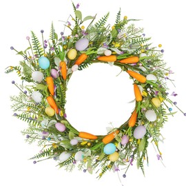 Zythrem 21 Inch Easter Wreath for Front Door Artificial Easter Egg Wreath with Colorful Eggs Carrot and Berries for Indoor and Outdoor Home Party Wall Window Garden Spring Holiday Decor