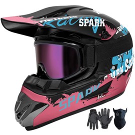Motocross Helmet,Youth & Kids ATV Dirt Bike Motorcycle Helmet, BMX 4-Wheeler Off-Road Mountain Bike Helmet,DOT Certified,W/Gloves Goggles Mask 4-Piece Set (Pink, Small)