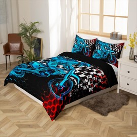 Feelyou Kids Dirt Bike Bedding Set Extreme Sports Duvet Cover Set for Kids Boys Girls Racing Motocross Rider Comforter Cover Blue Red Honeycomb Quilt Cover Bedroom Collection 3Pcs Full,No Comforter