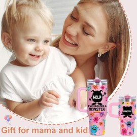 Cosictic Mama And Mini Tumbler Set, Help I'Ve Created A Monster Mom and Kids Tumbler, Mother's Day Gift for Mother and Kid, 40 Oz And 14 Oz Flip Straw Lid Tumbler Set, Pink