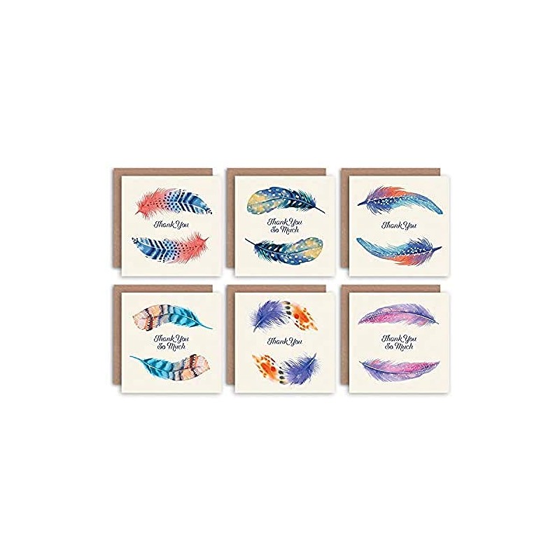 Wee Blue Coo Thank You Cards x6 Watercolour Feathers Multicoloured